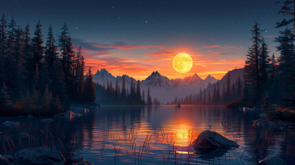 illustration of a starry sunset with a lake, forest, and mountain