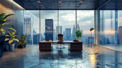 Spacious modern office interior with floor-to-ceiling glass windows offering a bright, city view