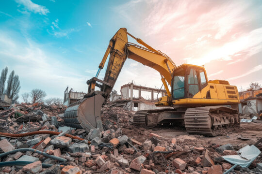 Yellow excavator on demolition site with debris, industrial construction concept 