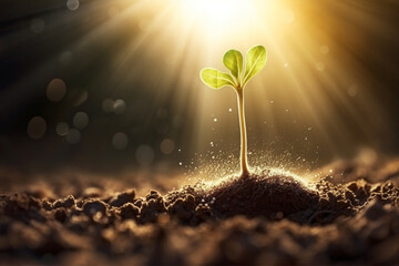 seeds growing from fertile soil to shining morning sunlight, ecology concept - obrazy, fototapety, plakaty