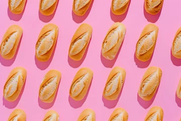 Gordijnen Freshly Baked French Baguettes Arranged in a Grid Pattern on Pink Background, Closeup View © SHOTPRIME STUDIO