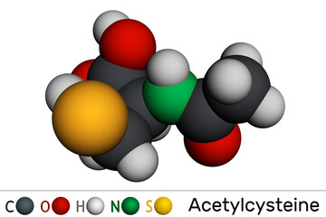Acetylcysteine, N-acetylcysteine, NAC drug molecule. It is an antioxidant and glutathione inducer. Molecular model. 3D rendering.