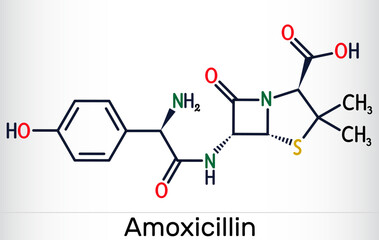 Amoxicillin drug molecule. It is beta-lactam antibiotic. Skeletal chemical formula