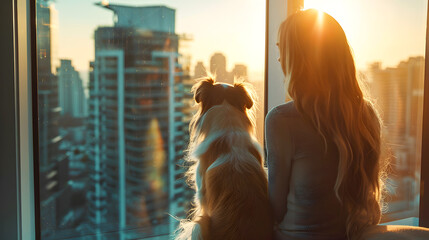 Trend of pets, dogs and women in condominium rooms - obrazy, fototapety, plakaty