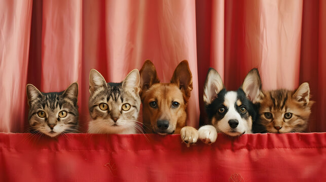 Group of cute pets: cat and puppy sitting together on pink cloth background