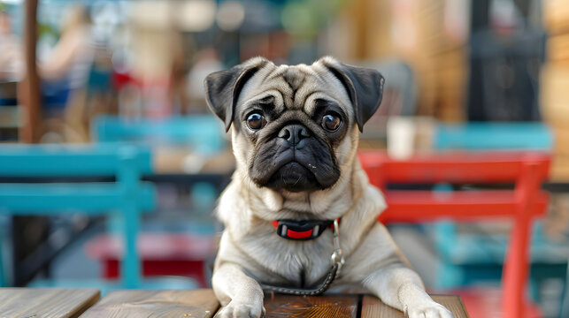 Pug dog sitting on bench in street, isolated Cute, small, purebred, black & white Funny wrinkles