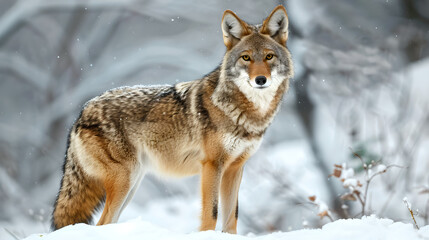 coyote standing in forest during winter: prairie wolf facing the camera with snow flakes falling from the sky behind blurred background