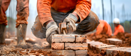 Close-up view of a construction worker laying bricks