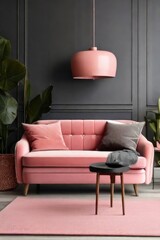 Cozy Scandinavian Interior with Empty Frames, Furniture, Plants, and Lamps





