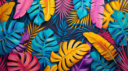 Fototapeta na wymiar Neon-colored tropical leaves background
