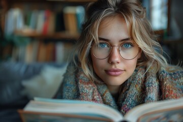 Stylish young woman engrossed in a book, wearing chic glasses and surrounded by a homey backdrop - obrazy, fototapety, plakaty