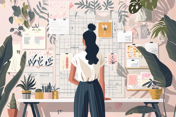 Illustration of a woman using a vision board in her living room