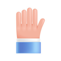 Obraz premium Realistic 3d plastic volumetric hand, raised hand in the form of a stop sign. Vector illustration, hand in cartoon 3d plastic style, isolated on white background.