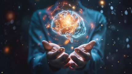 A brain hologram on scientist hand in laboratory.