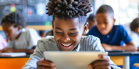 Joyful African American boy using a tablet in a classroom with other focused students, vibrant educational environment. - obrazy, fototapety, plakaty