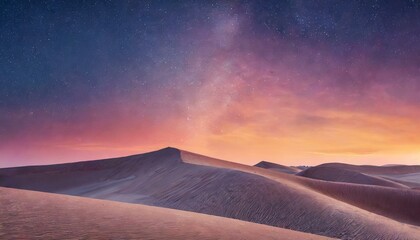 Sunrise Landscape, with Desert Sand Dunes. Scenic Contemporary Background with Warm Gradient Starry Sky