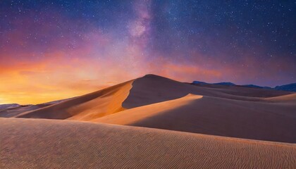 Fototapeta na wymiar Sunrise Landscape, with Desert Sand Dunes. Scenic Contemporary Background with Warm Gradient Starry Sky