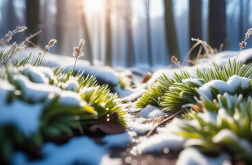 Green grass sprouts from under snow that melts in spring early. Close up. Sunrise in winter. sunrays shine through winter landscape. Frosty blurry background texture on icy meadow. Spring forest - obrazy, fototapety, plakaty