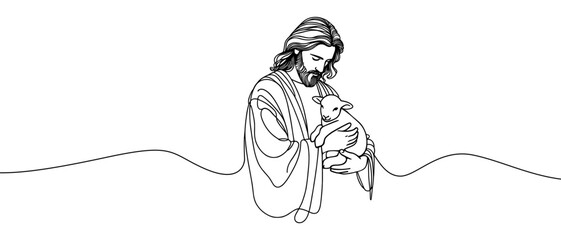 Vector image of Jesus with a lamb in his arms.