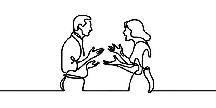 Vector image of a married couple that quarrels, drawn with one line.