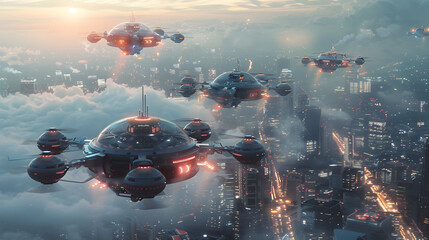 photorealistic 8k picture of futuristic aerial vehicles soaring through the sky