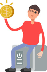Nerd Boy Character Sitting on Safe and Holding Dollar Coin
