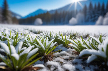 Green grass sprouts from under snow that melts in spring early. Close up. Sunrise in winter. sunrays shine through winter landscape. Frosty blurry background texture on icy meadow. Spring forest - obrazy, fototapety, plakaty