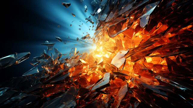 Abstract background with  glass explosion effect with flames and fire erupting from it realistic 3D render wallpaper created with a generative ai technology