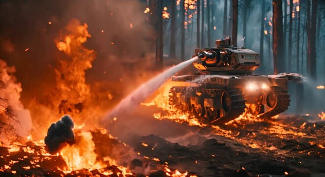 A crawler rescue robot moves through a forest fire, pouring water around