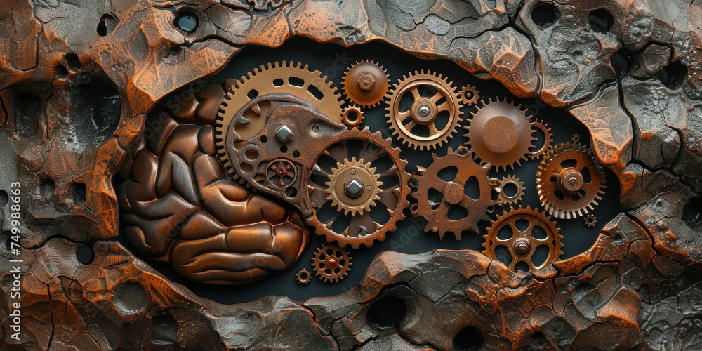 Poster 3d ing of a human brain with intricate gears and cogs in the center, symbolizing complex cognitive p