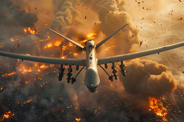 rotate the MQ-9 Reaper drone's by 180 degrees in this image. Add explosions to the scene below - obrazy, fototapety, plakaty