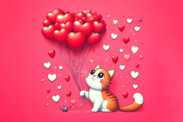 cat in love with balloons in shape red heart on a solid color bright background. ai generative