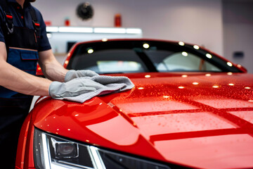 Auto service staff cleaning a red car with a wipe.