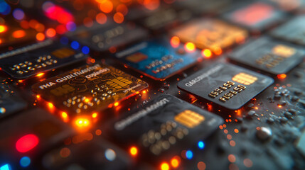 Obraz premium Technological shopping revolution: Illuminated credit cards ready for secure, futuristic shopping experiences