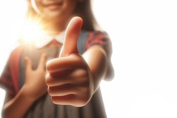 kids hand showing thumb up isolated on solid blue bright background. ai generative