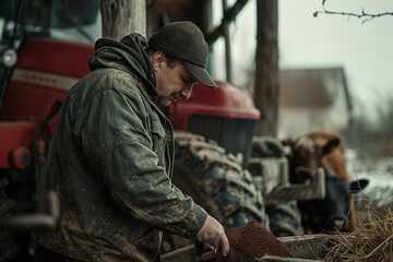 Farmer feeding cows at farm in stable