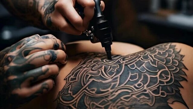 The close-up view of a tattoo artist creating intricate designs on a client's skin with a buzzing tattoo machine