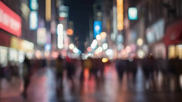time-lapse of a busy city street at night in a blurry vision, capturing the movement and lights