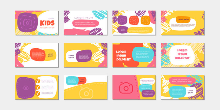 Cute creative kids multi colored theme design template for presentation slides with children playful pattern and abstract shapes. Corporate business layout for school, childrengarten. Vector design