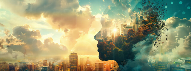 A surreal photography with human face and cityscape double exposure.