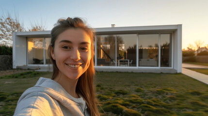 Jeune femme fait un selfie devant sa nouvelle maison moderne