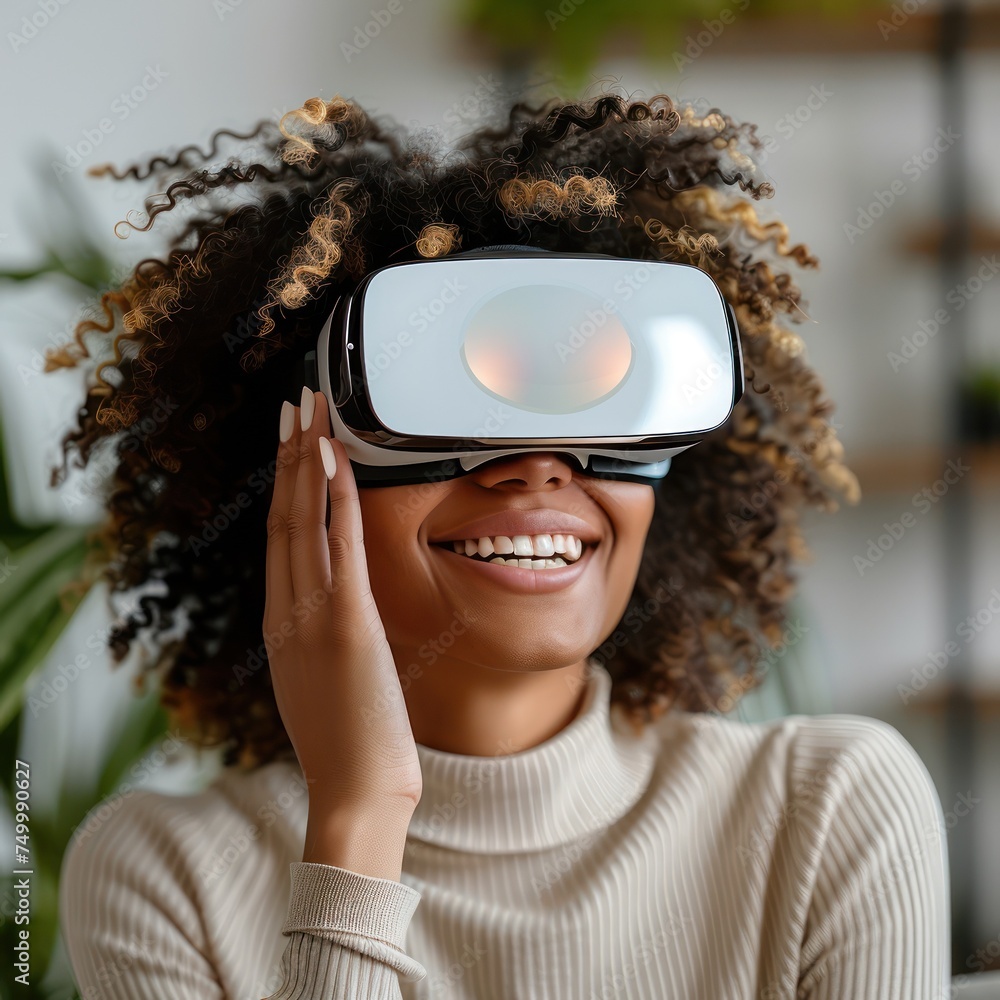 Poster close up of a person s joyful reaction using an augmented reality device showcasing wonder and joy i