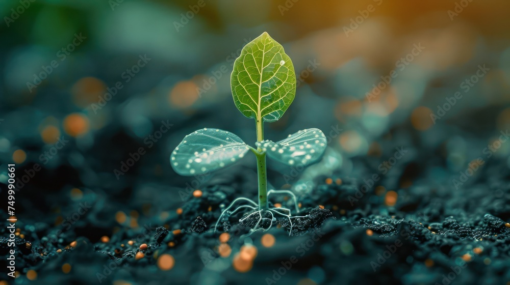 Poster close up of a seedling with a digital id chip for blockchain tracking set against a minimalist techn