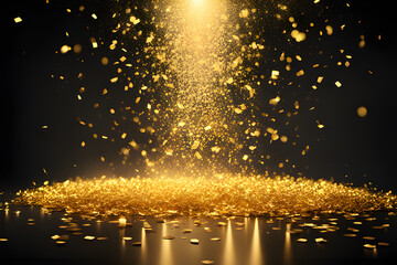 golden confetti shower cascading onto a festive stage