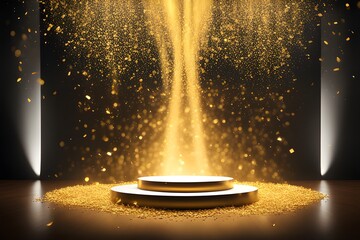 golden confetti shower cascading onto a festive stage