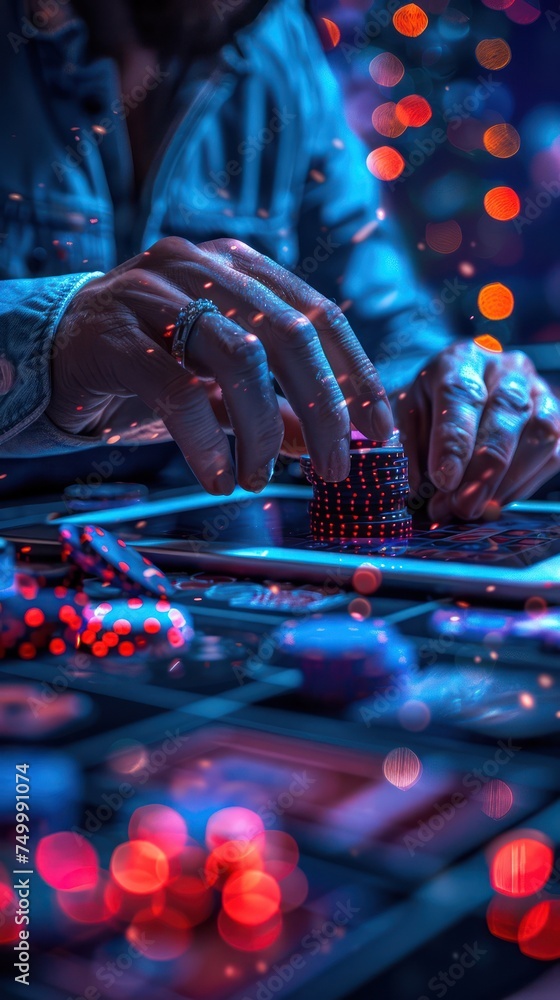 Poster medium shot of a user accessing an online blockchain casino on a tablet minimalist ui with sleek tec