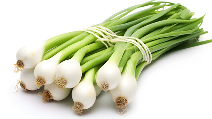 fresh green onions on white background