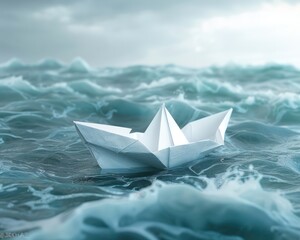 Medium shot of a minimalist paper boat on turbulent waters embodying the challenge of navigating through risky ventures