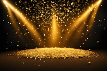 golden confetti shower cascading onto a festive stage