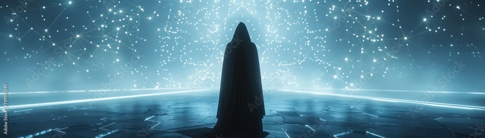 Poster medium view of a mysterious cloaked figure navigating a futuristic gambling platform minimalist visu
